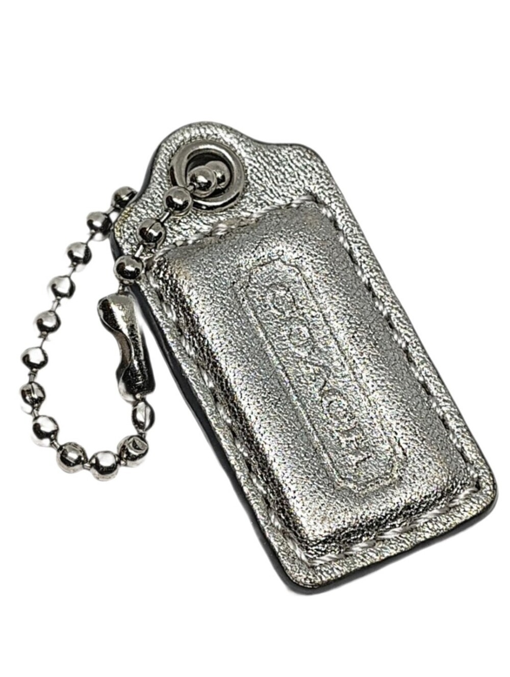 😍 Y2K 1.5" Coach Metallic Silver Matte Leather Hangtag Bag Fob Keychain Charm